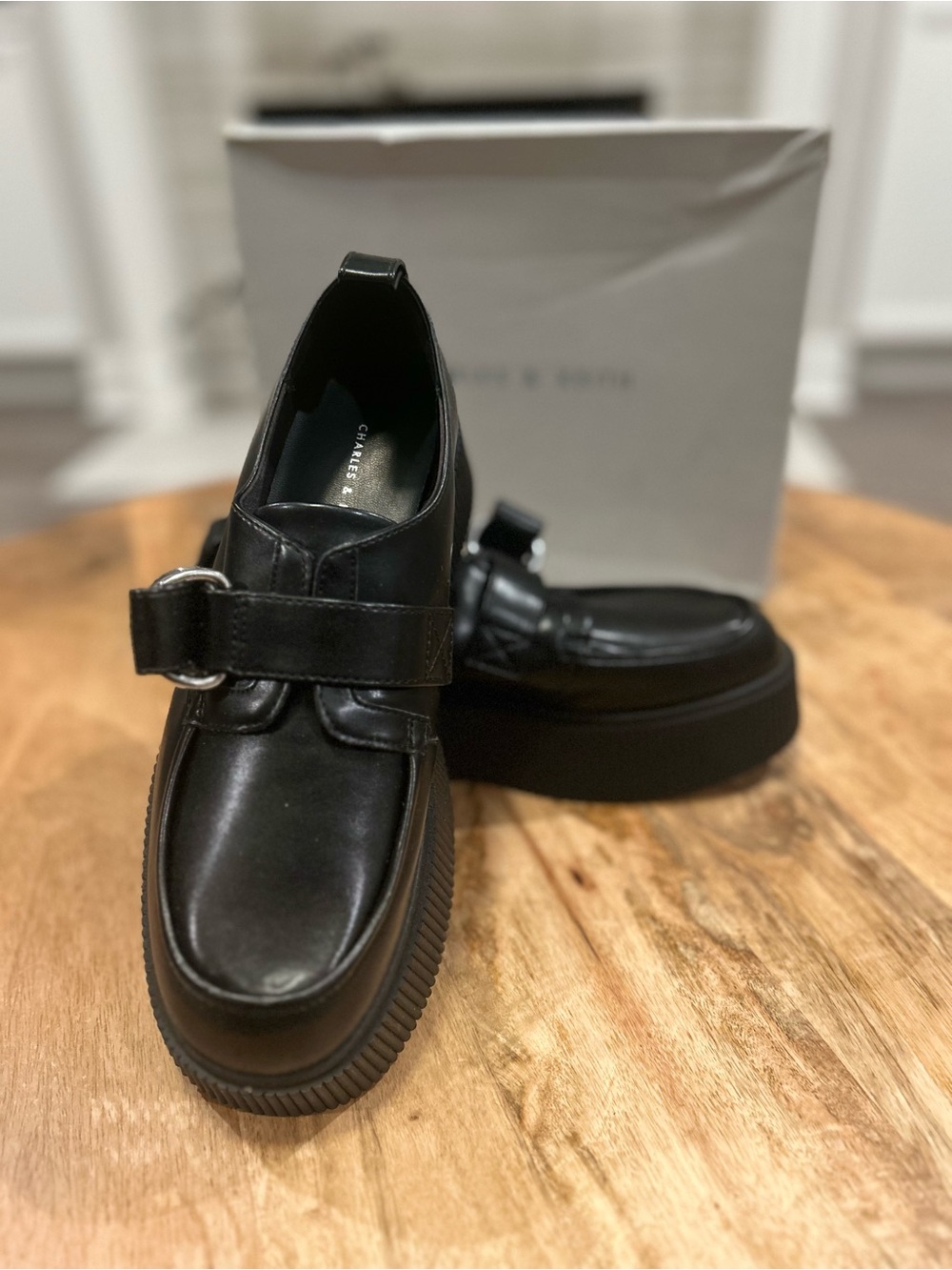 Charles & Keith Womens Blk Platform Mary Jane Loafers Buckle Strap Chunky Sz 39